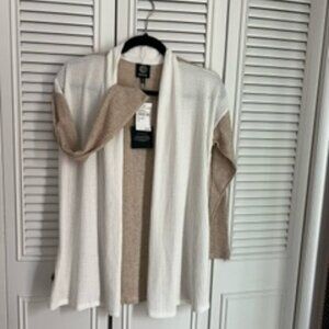 Bobeau Ivory and Oatmeal Waffle Texture Lightweight Knit Open Cardigan Size XS